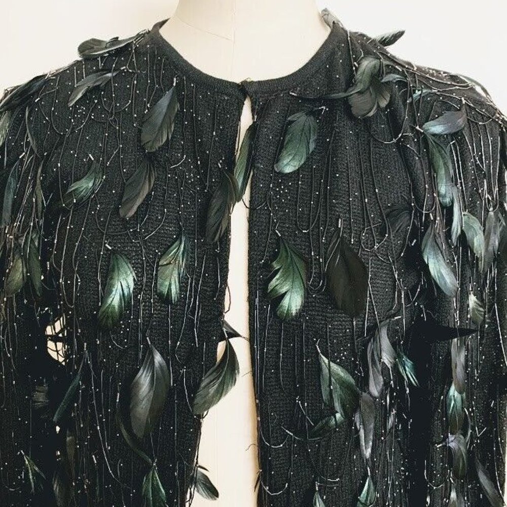 Oscar De La Renta Jacket Cardigan Cashmere Embellish Feather Beats and Sequins - Picture 6 of 11